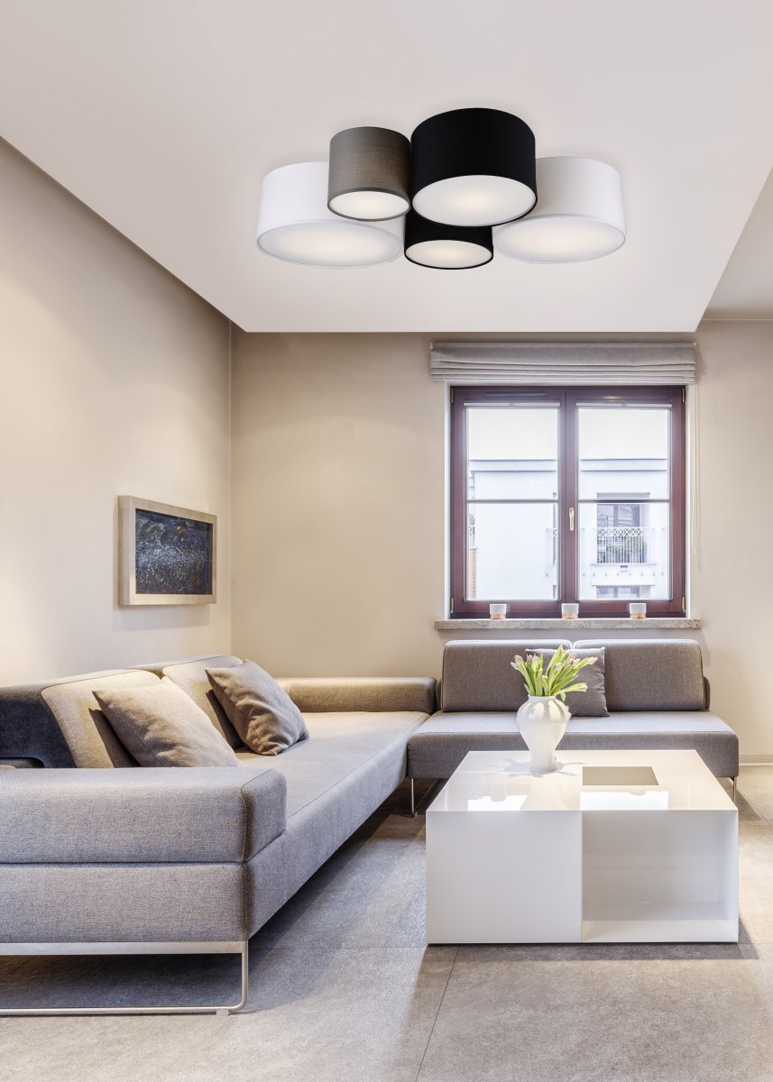 Hotel 90cm Multicolore plafonnier De Trio Lighting - La combinaison du blanc, du noir et du gris ; Les stores en tissu contribuent &agrave; un design polyvalent et &eacute;l&eacute;gant.