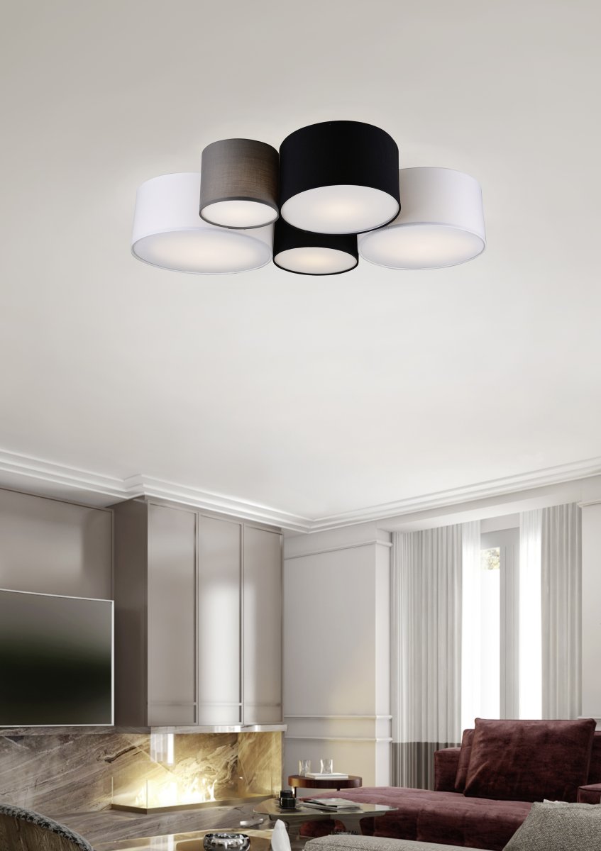 Hotel 90cm Multicolore plafonnier De Trio Lighting - La combinaison du blanc, du noir et du gris ; Les stores en tissu contribuent &agrave; un design polyvalent et &eacute;l&eacute;gant.