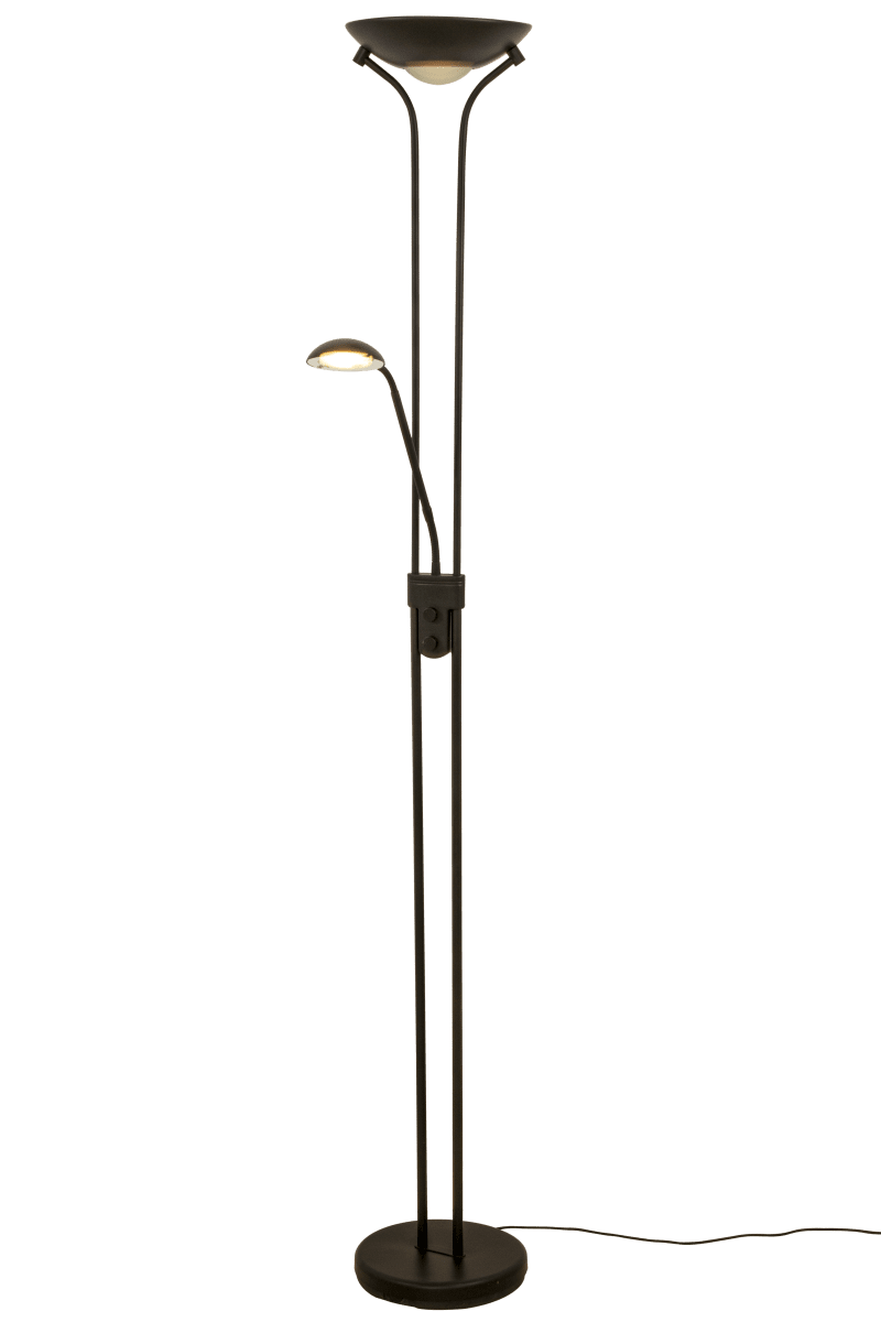 Nice Noir lampadaire De Aneta Lighting - L'&eacute;clairage de 1600 lumens et le bras de lecture de 400 lumens sont tous deux r&eacute;glables &agrave; l'aide de boutons s&eacute;par&eacute;s.
