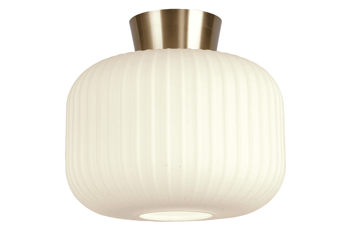  Vanja Ø28 Blanc/laiton plafonnier De Aneta Lighting - Le verre blanc diffuse une lumi&egrave;re uniforme et agr&eacute;able, tandis que la rosace en laiton mat apporte une touche d'&eacute;l&eacute;gance et conf&egrave;re &agrave; la lumi&egrave;re une douce chaleur.