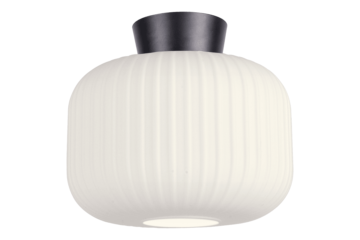  Vanja Ø28 Blanc/noir plafonnier De Aneta Lighting - Le verre blanc diffuse une lumi&egrave;re uniforme et agr&eacute;able, tandis que la rosace noire apporte une touche d'&eacute;l&eacute;gance et de chaleur.