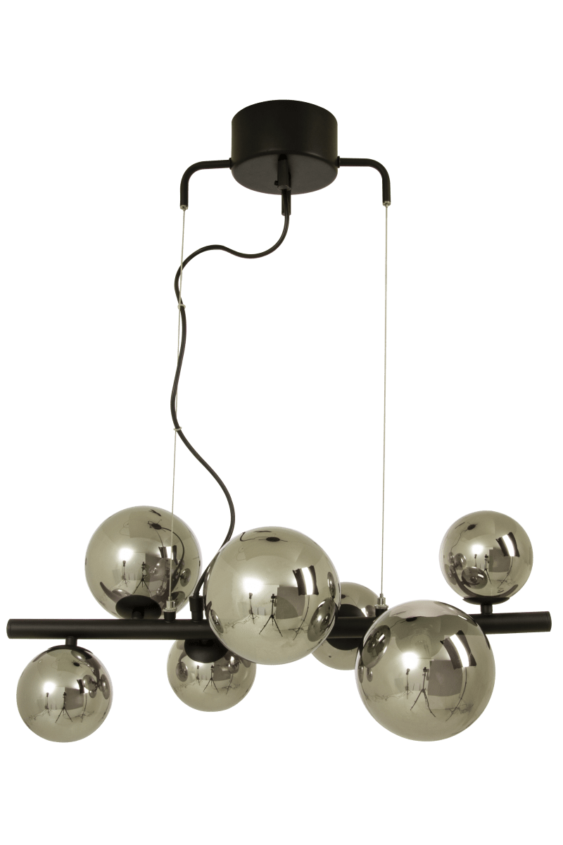 Molekyl 58cm Gris fumé suspension De Aneta Lighting - Plafonnier moderne et élégant de MOLEKYL en métal laqué noir avec 7 abat-jour en verre fumé en deux couleurs.