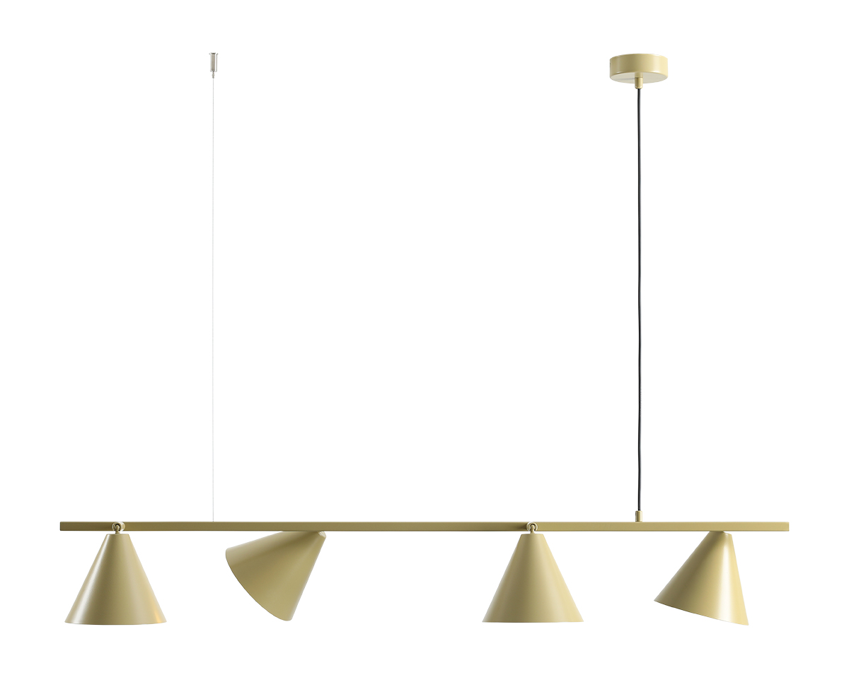 Form 120cm Pistache suspension De Artera - Sa forme allongée s'harmonise parfaitement avec ses quatre abat-jour coniques d'un doux vert pistache, conférant à la lumière un caractère à la fois moderne et décoratif.