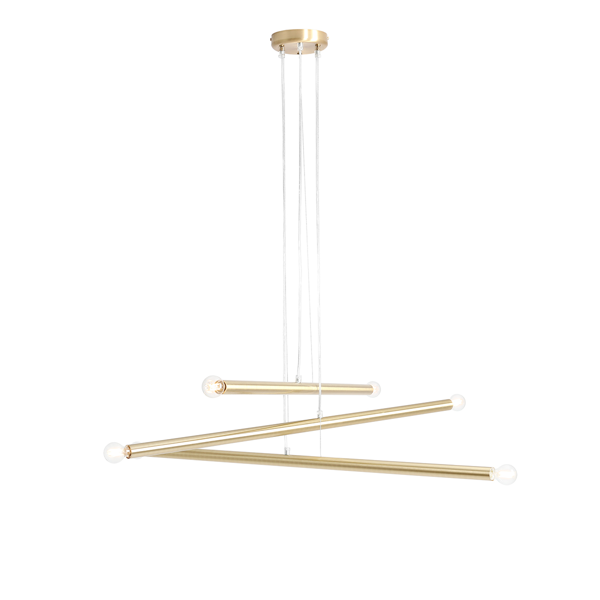 Tubo 6 100cm Laiton suspension De Artera - Elle se compose de trois fins tubes métalliques à la finition laiton élégante, disposés à différentes hauteurs et angles pour créer un effet dynamique et aérien.
