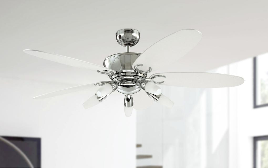 Arius Ø132 Chrome De Westinghouse - Le ventilateur Arius, avec son niveau sonore de 48 dB, est recommand&eacute; pour les pi&egrave;ces de 20 &agrave; 30 m&sup2; et dispose d'une fonction inverse, c'est-&agrave;-dire h.