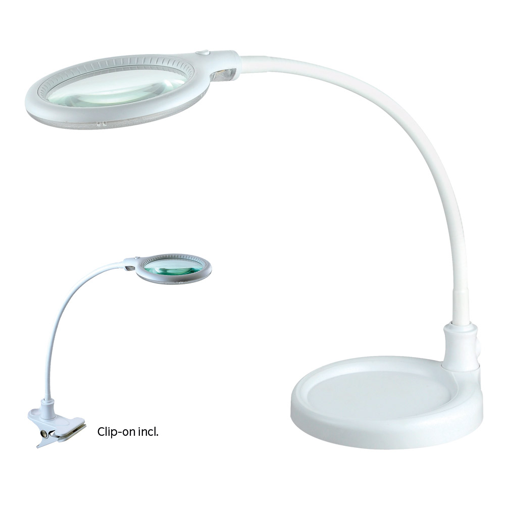Magni 38cm Blanc lampe de bureau De Halo Design - Magni est une lampe de table flexible et pratique avec une loupe intégrée, parfaite pour les travaux de précision, la lecture ou les projets de loisirs.
