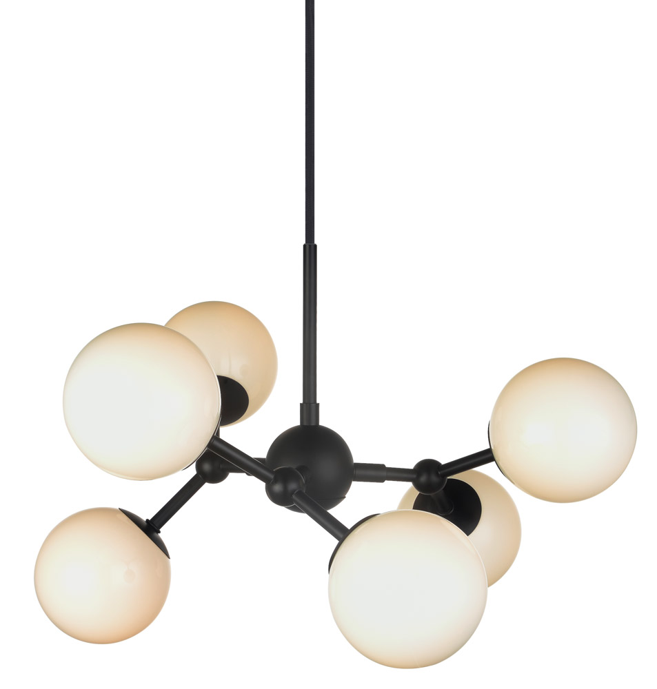Atom 45cm Noir/opale suspension De Halo Design - Les dômes en verre opale presque flottants assurent une agréable répartition de la lumière dans la pièce.