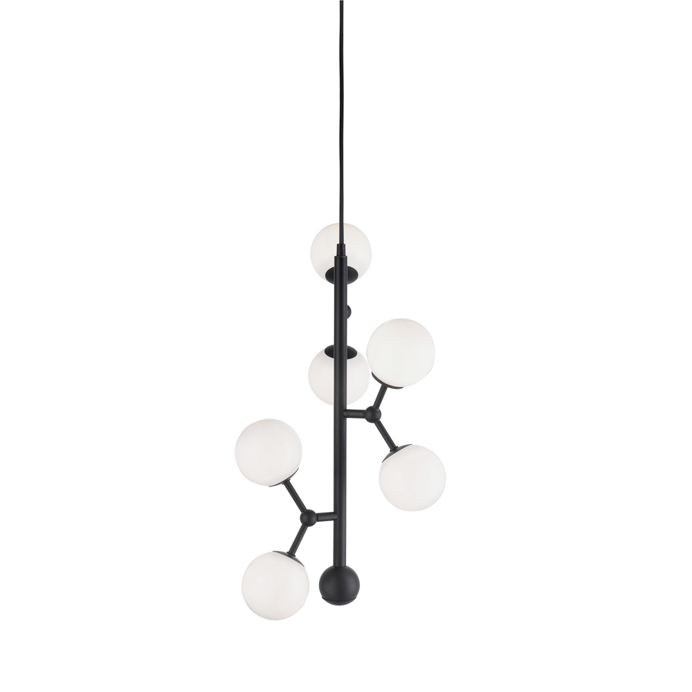 Atom vertical Ø30 Noir suspension De Halo Design - Les dômes en verre opale assurent une agréable répartition de la lumière dans la pièce.
