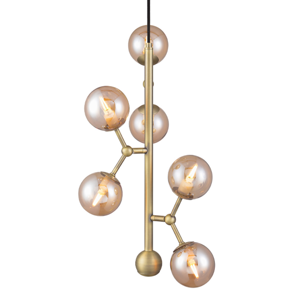 Atom vertical Ø30 Laiton antique suspension De Halo Design - Les dômes en verre sont de couleur ambre, ce qui assure une agréable répartition de la lumière dans la pièce.