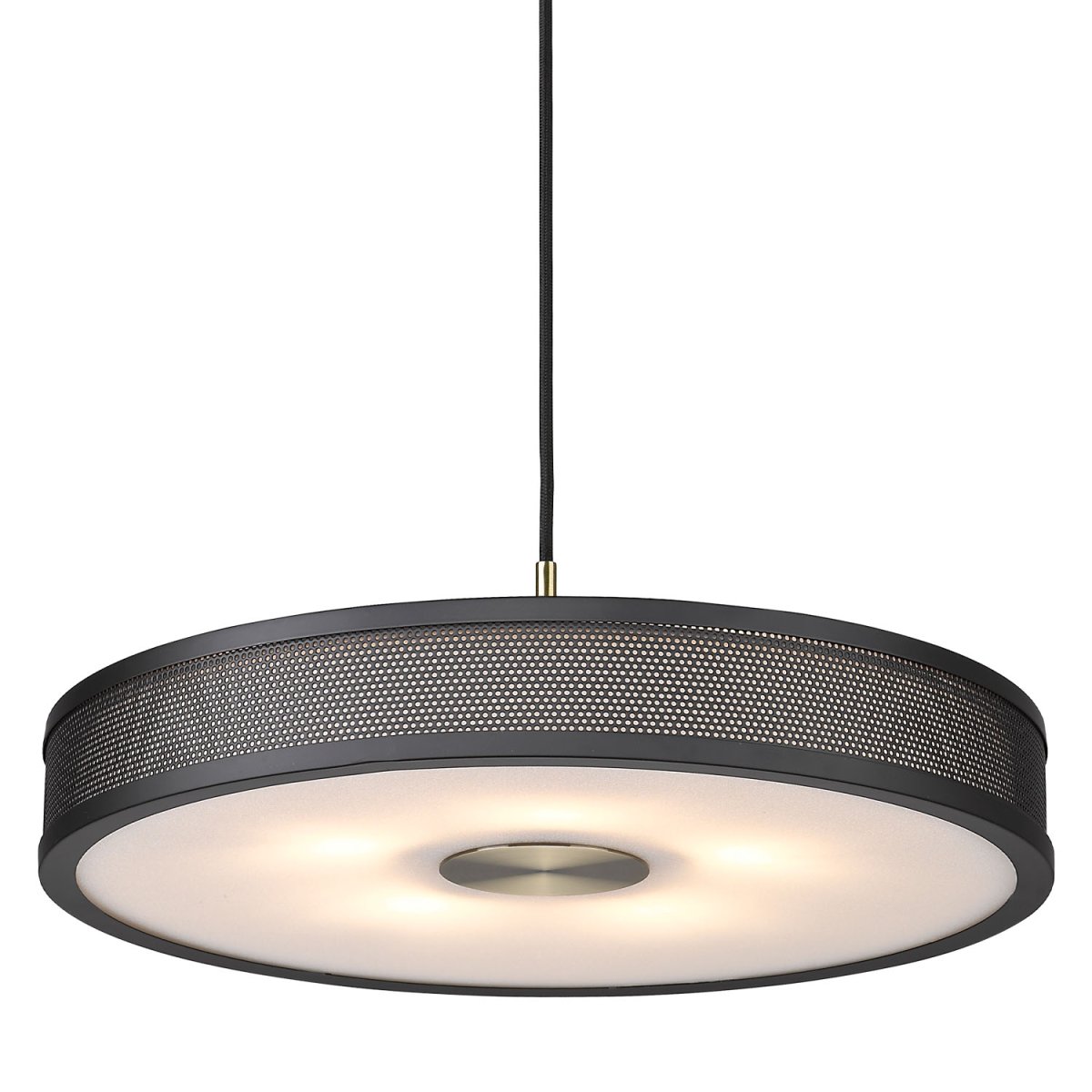 Frame Ø43 Noir suspension De Halo Design - Des d&eacute;tails tels que l'abat-jour int&eacute;rieur en tissu, les inserts en laiton antique et le motif de perles ext&eacute;rieures rendent cette s&eacute;rie de lampes esth&eacute;tiquement unique.