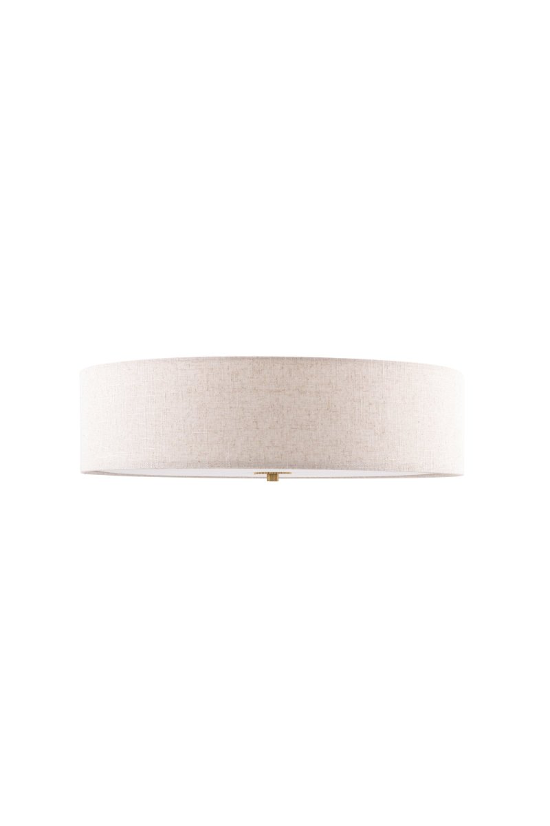 Noah Ø50 Beige plafonnier De Globen Lighting - Il est dot&eacute; d'un d&eacute;tail en laiton poli, d'un tissu &agrave; motifs vibrants et d'un &eacute;cran anti-&eacute;blouissement blanc &agrave; la base pour une lumi&egrave;re agr&eacute;able.