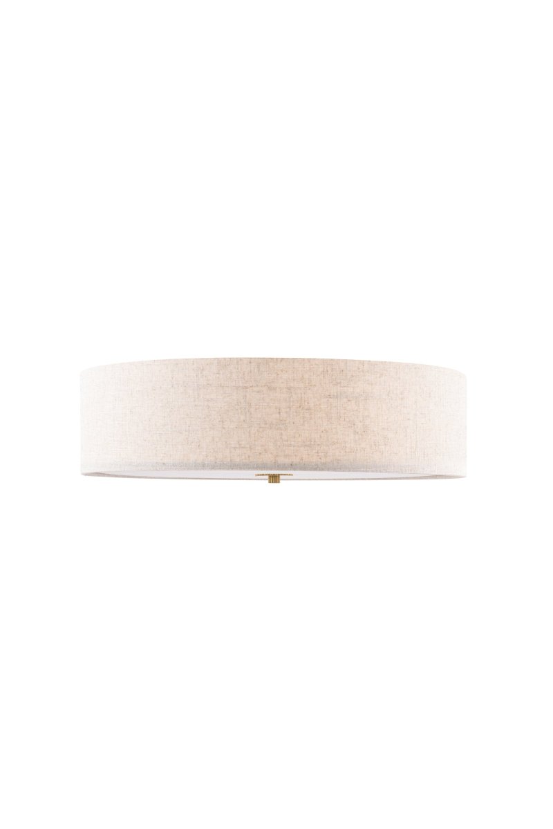 Noah Ø50 Beige plafonnier De Globen Lighting - Il est dot&eacute; d'un d&eacute;tail en laiton poli, d'un tissu &agrave; motifs vibrants et d'un &eacute;cran anti-&eacute;blouissement blanc &agrave; la base pour une lumi&egrave;re agr&eacute;able.