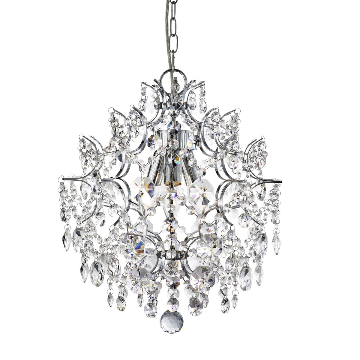 Harrietta Ø40 Chrome cristal De Searchlight - Le lustre complexe est rempli de détails décoratifs en cristal clair, qui pendent de petites spirales de couleur chrome et complètent les trois sources lumineuses centrales.