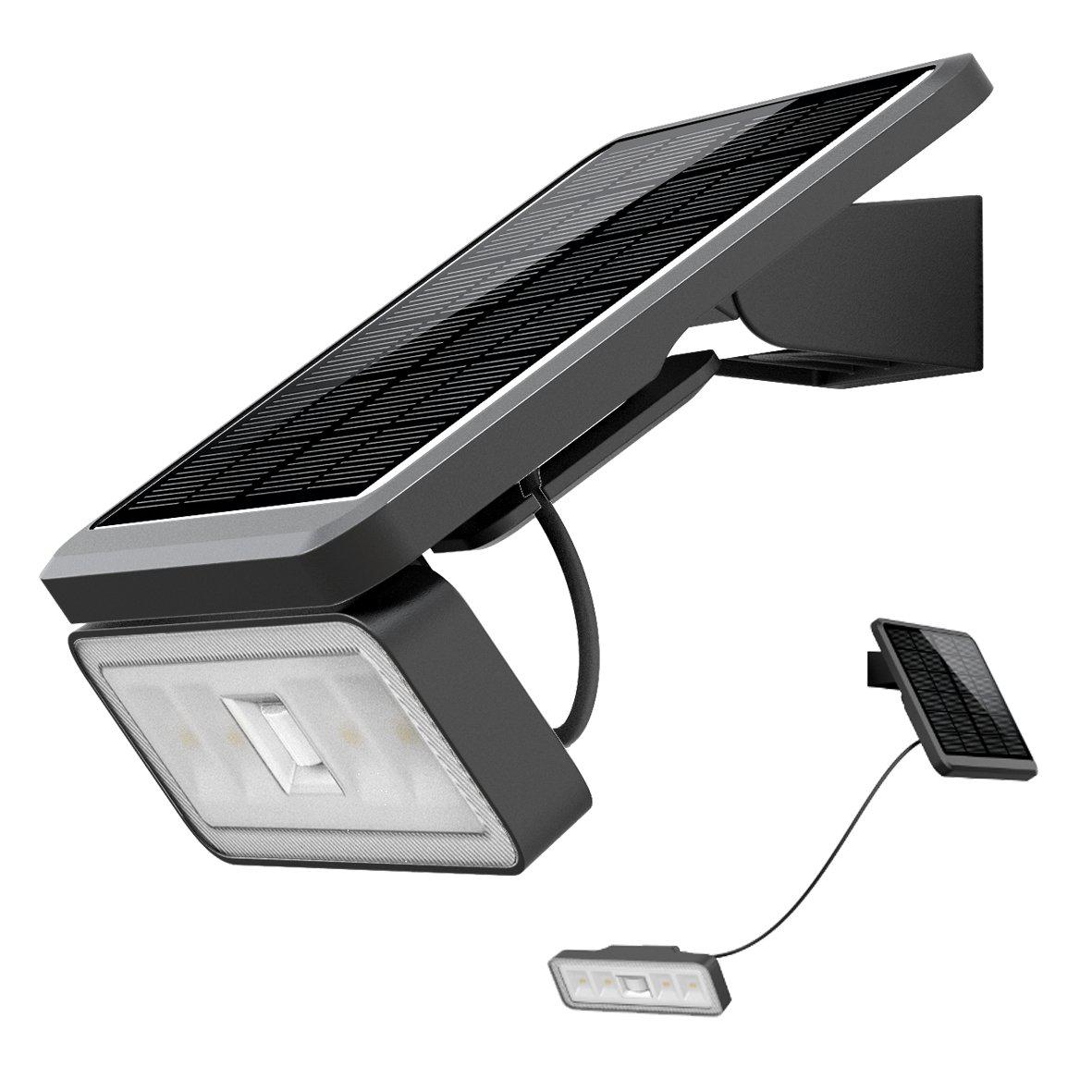 Projecteur à batterie avec capteur Noir lampe solaire De Designlight - En cas de d&eacute;tection de mouvement, le projecteur s'allume pendant 18 secondes &agrave; pleine puissance (1&nbsp;000 lm) puis se rallume avec une luminosit&eacute; de base d'environ 30 &agrave; 50 lm.