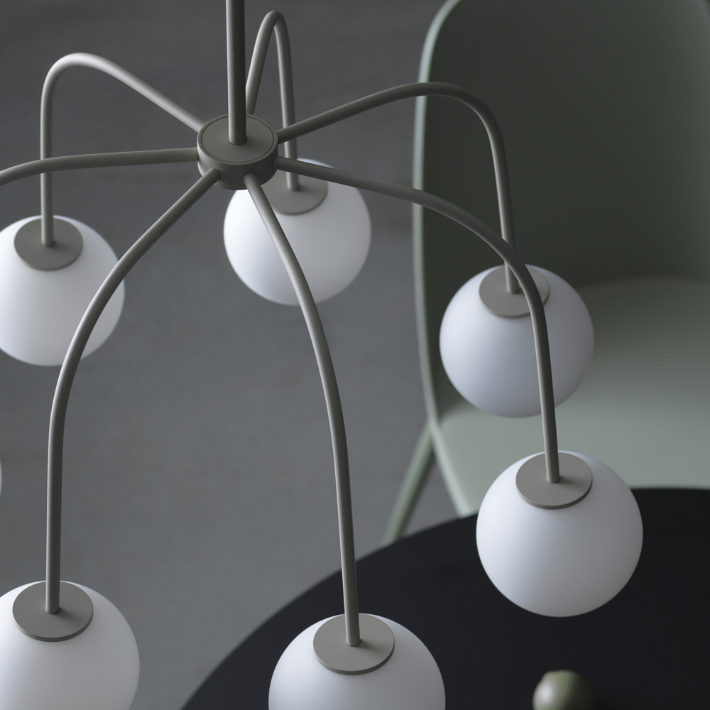 Waterfall Ø50 Beige suspension De CO Bankeryd - Waterfall est un plafonnier élégant qui crée un contraste expressif avec ses tubes métalliques étroits et son verre opale rond.