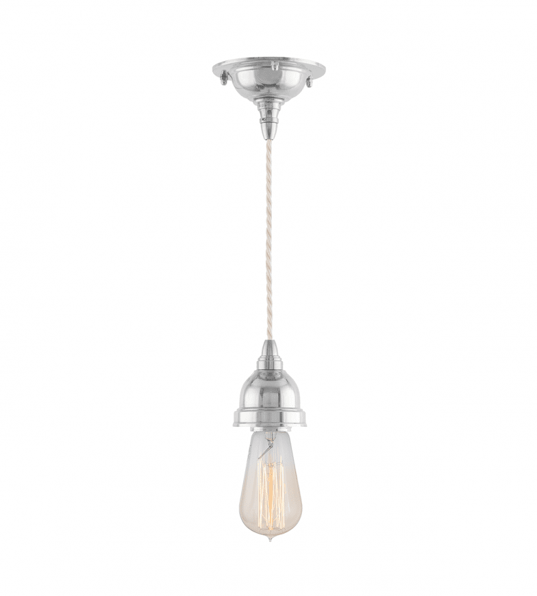 Byström 60 Nickel De Karlskrona lampfabrik - Bystr&ouml;m &auml;r ett sladdupph&auml;ng med ett n&aring;got modernare formspr&aring;k, med inspiration fr&aring;n den tidiga modernismen p&aring; 1920- och 30-talet - dock fortfarande tillverkad helt i m&auml;ssing med f&ouml;rnicklad yta och f&ouml;rsedd med den klassiska tvinnade knoppledningen.