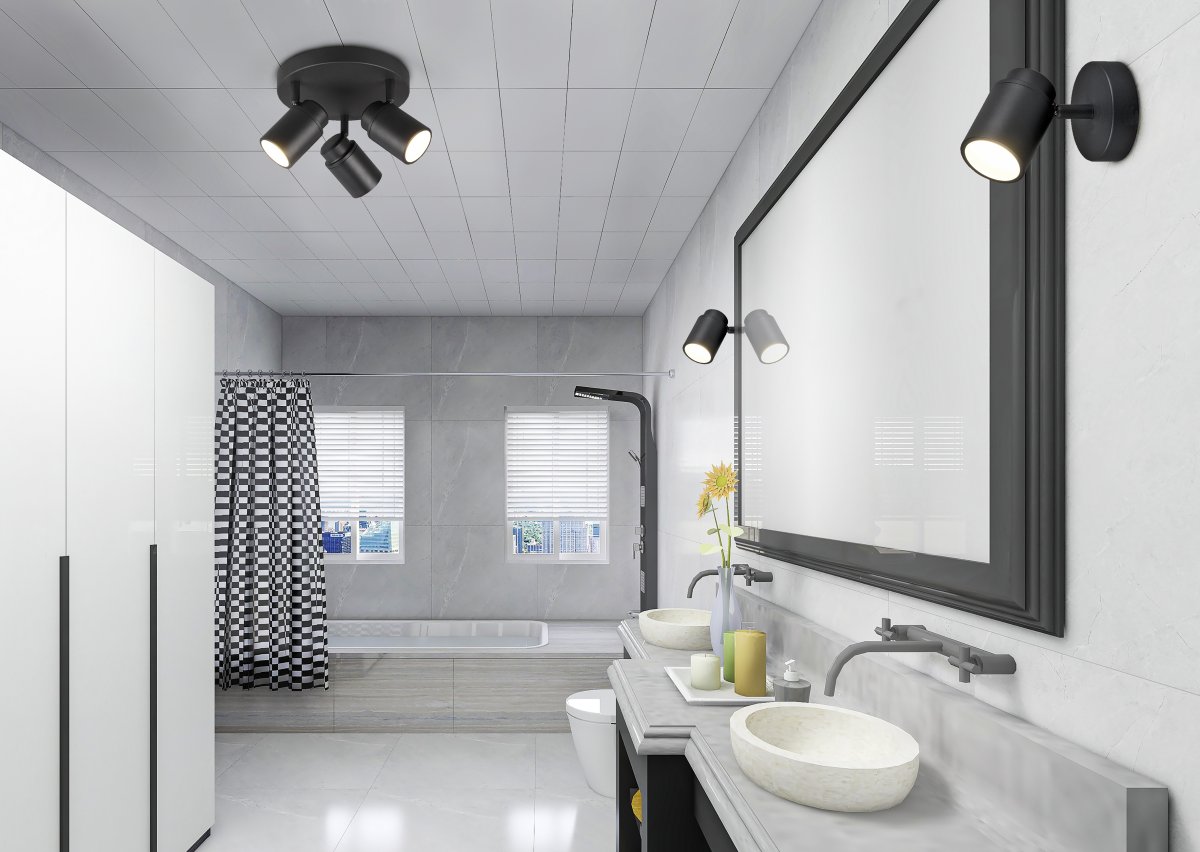 Angelo Ø20 Noir lampe de salle de bain De Trio Lighting - Ce spot classique avec abat-jour réglable en continu et protection IP44 est polyvalent et convient aussi bien à la buanderie qu'à la salle de bain.