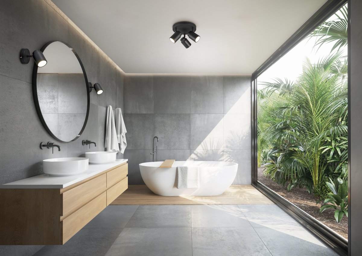 Angelo Ø20 Noir lampe de salle de bain De Trio Lighting - Ce spot classique avec abat-jour réglable en continu et protection IP44 est polyvalent et convient aussi bien à la buanderie qu'à la salle de bain.