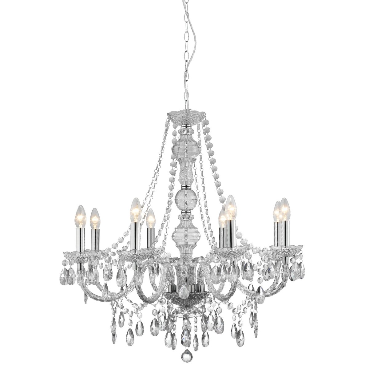 Marie Therese Ø74 Clair suspension De Searchlight - Le design traditionnel avec une touche moderne est luxueusement décoré de gouttes de verre transparent et de perles et présente des bras incurvés et des détails en verre qui créent un point focal glamour dans n'importe quel intérieur.