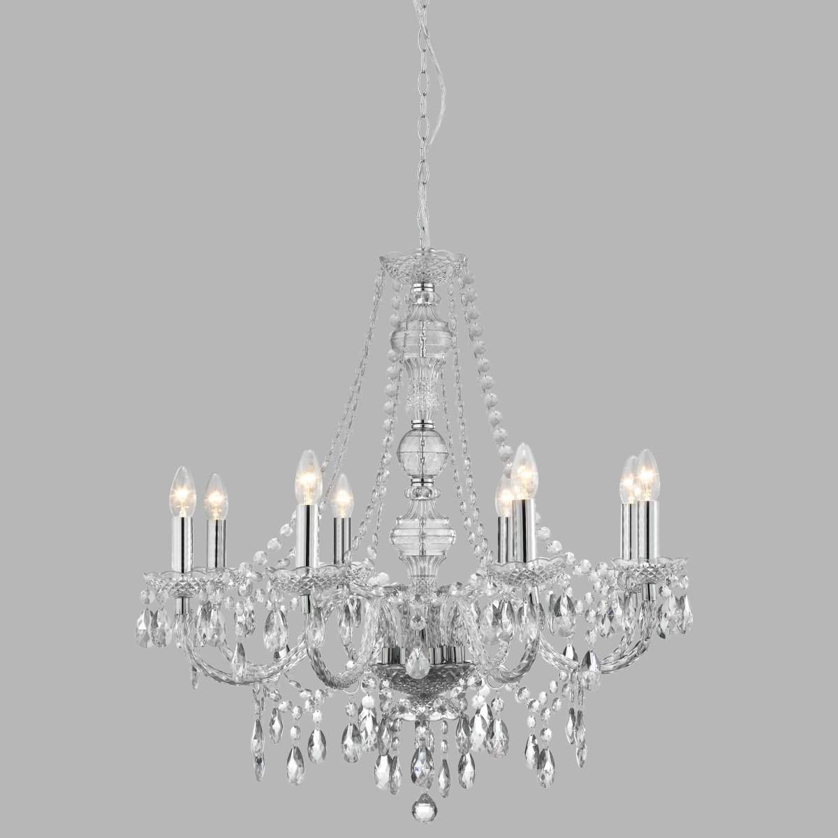 Marie Therese Ø74 Clair suspension De Searchlight - Le design traditionnel avec une touche moderne est luxueusement décoré de gouttes de verre transparent et de perles et présente des bras incurvés et des détails en verre qui créent un point focal glamour dans n'importe quel intérieur.