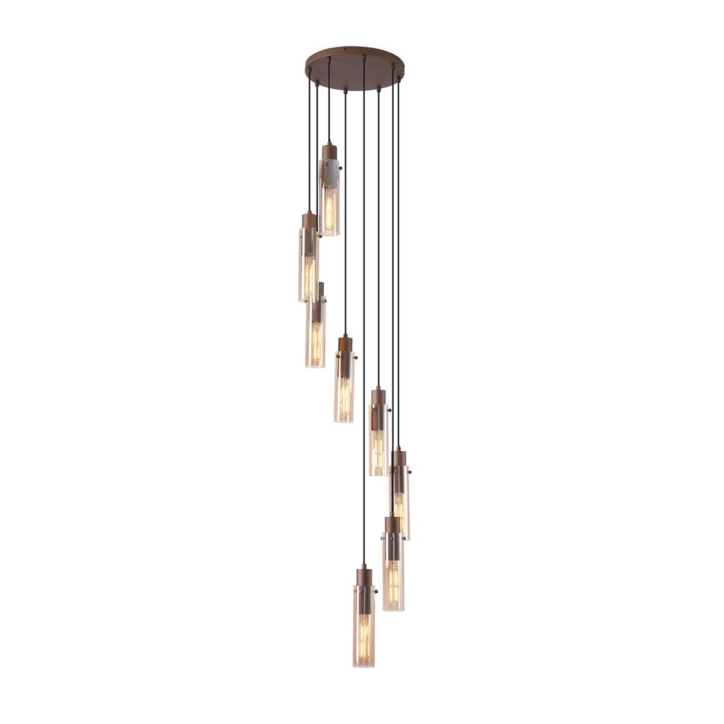 Sweden Ø42 Brun suspension De Searchlight - Ses abat-jour allong&eacute;s en verre ambr&eacute; cr&eacute;ent une lumi&egrave;re douce et une ambiance raffin&eacute;e, tandis que sa structure en m&eacute;tal couleur moka apporte une touche sophistiqu&eacute;e et moderne.