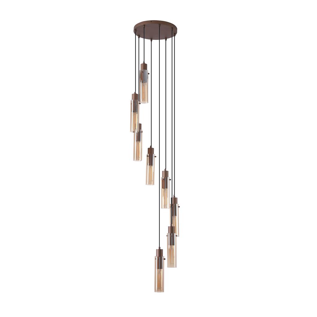 Sweden Ø42 Brun suspension De Searchlight - Ses abat-jour allong&eacute;s en verre ambr&eacute; cr&eacute;ent une lumi&egrave;re douce et une ambiance raffin&eacute;e, tandis que sa structure en m&eacute;tal couleur moka apporte une touche sophistiqu&eacute;e et moderne.