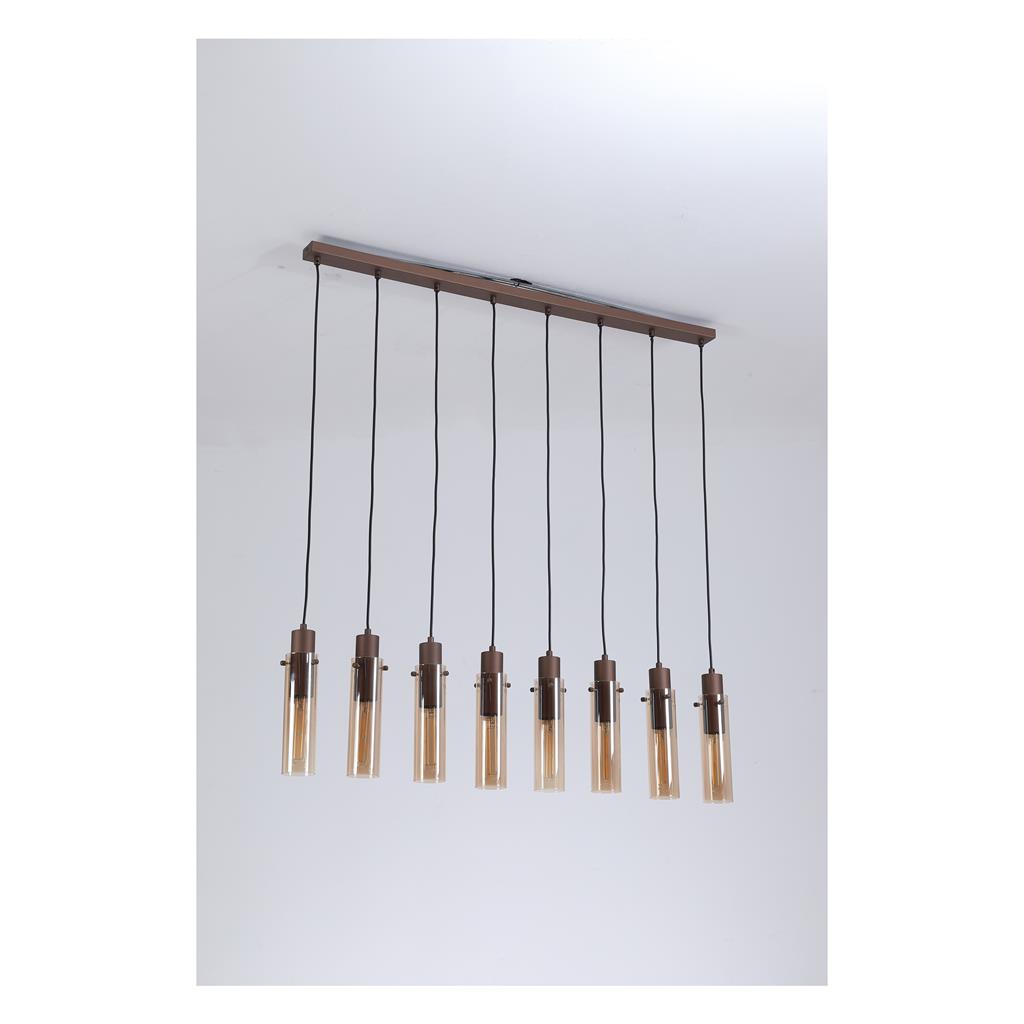 Sweden 110cm Brun suspension De Searchlight - Ses abat-jour allongés en verre ambré créent une lumière douce et une ambiance raffinée, tandis que sa structure en métal couleur moka apporte une touche sophistiquée et moderne.
