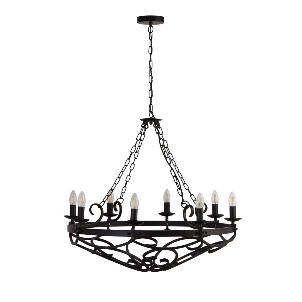 Cartwheel Ø80 Noir suspension De Searchlight - Gr&acirc;ce &agrave; sa hauteur r&eacute;glable, il s'int&egrave;gre parfaitement au-dessus d'une table &agrave; manger ou dans le salon, o&ugrave; il diffuse une lumi&egrave;re chaleureuse et accueillante.