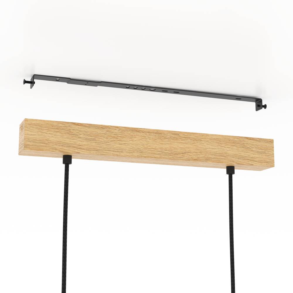 Castralvo 97cm Nature suspension De Eglo - Cette suspension combine trois abat-jour noirs avec une base en bois clair, créant une ambiance harmonieuse et moderne.
