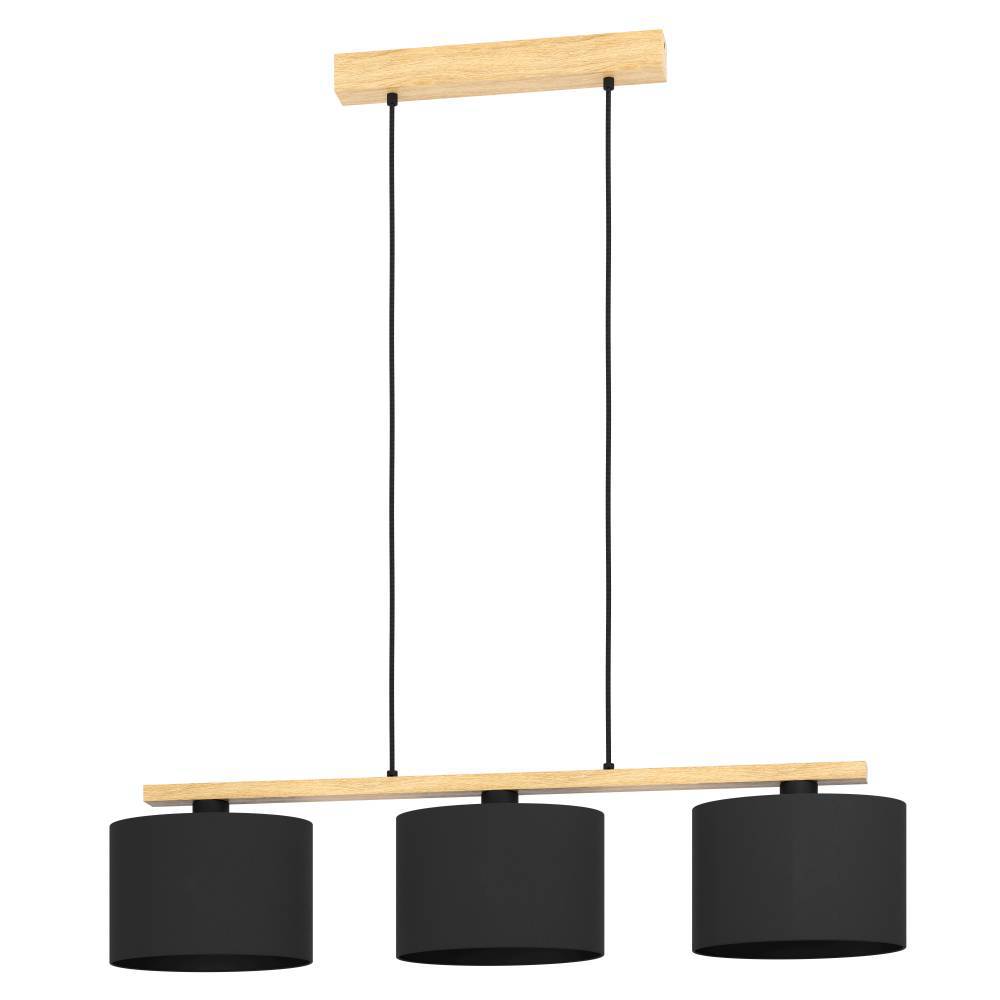Castralvo 97cm Nature suspension De Eglo - Cette suspension combine trois abat-jour noirs avec une base en bois clair, créant une ambiance harmonieuse et moderne.