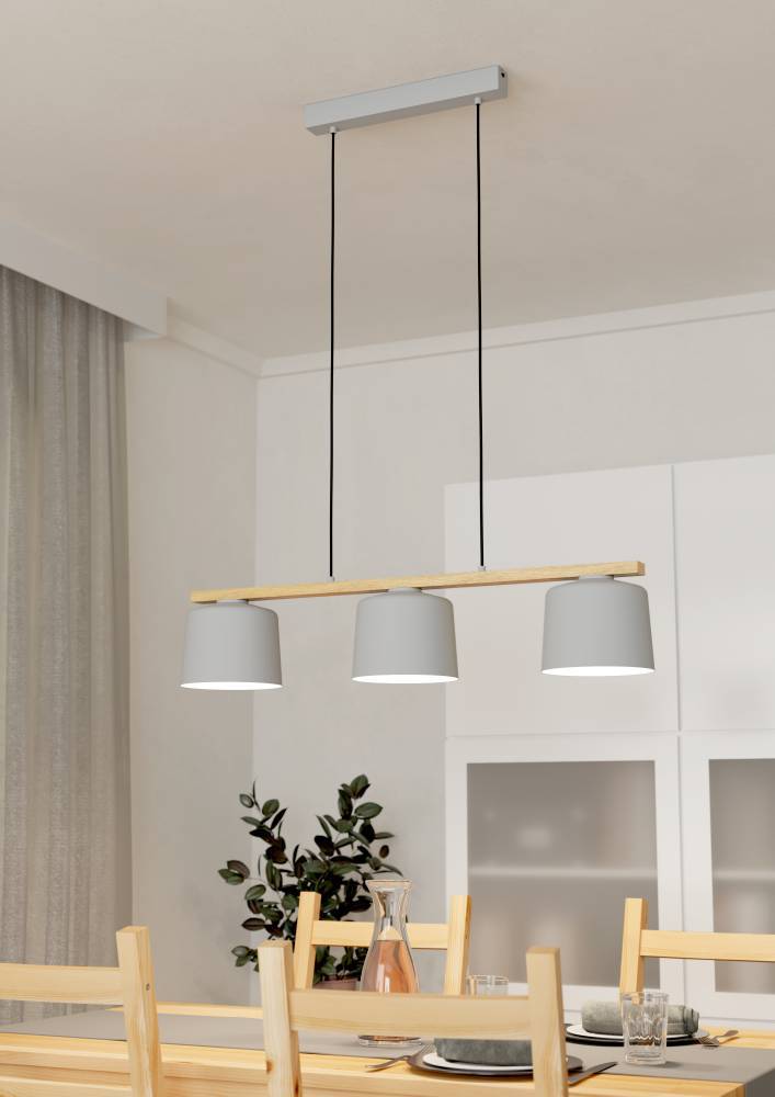 Mariel 90cm Gris suspension De Eglo - Son design minimaliste en bois et métal lui permet de s'intégrer facilement dans les intérieurs scandinaves et modernes tout en ajoutant une touche de nature.