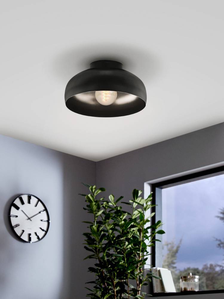 Mogano Ø28 Noir plafonnier De Eglo - Avec sa forme légèrement arrondie et sa finition noire mate, il crée une atmosphère chaleureuse et cosy, parfaite pour le salon, la chambre ou le couloir.