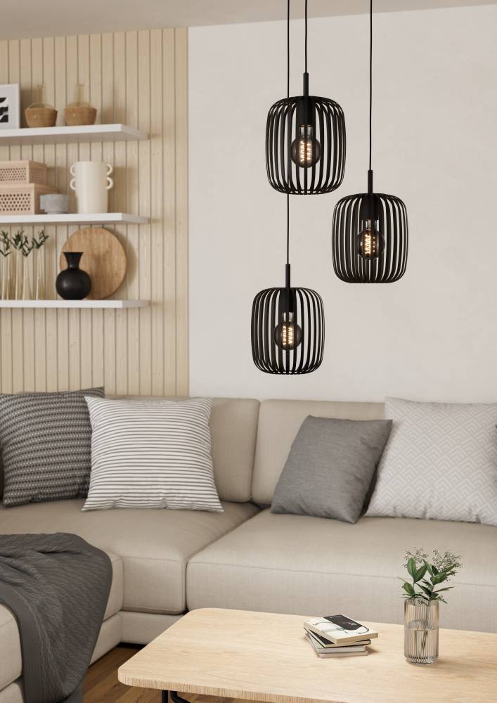Romazzina Ø46 Noir suspension De Eglo - Cette suspension élégante avec trois sources lumineuses réglables au design moderne est le choix parfait pour tous ceux qui souhaitent donner à la pièce un caractère unique.
