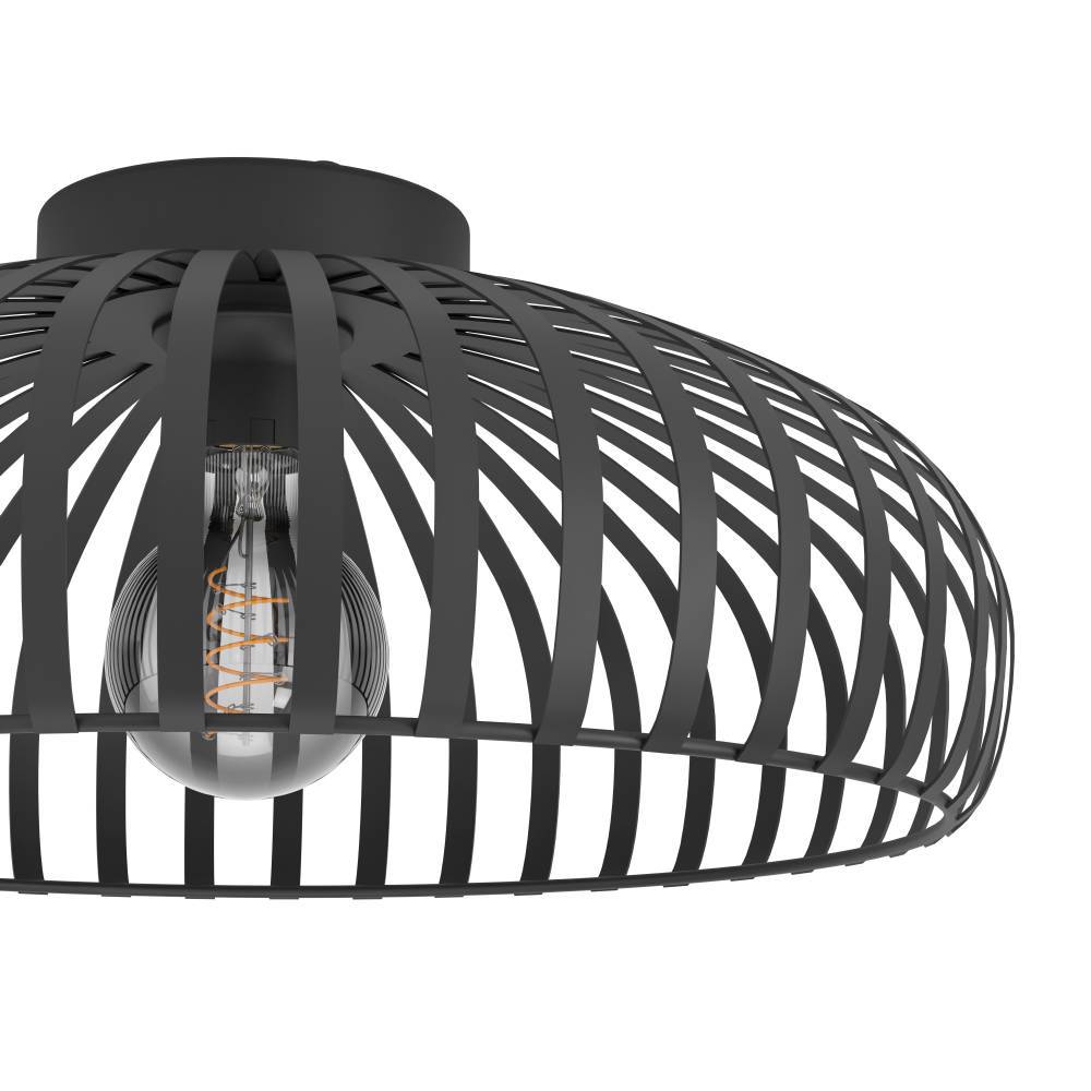 Mogano Ø43 Noir plafonnier De Eglo - La source lumineuse exposée crée un jeu d'ombres fascinant lorsque la lampe est allumée et donne à la pièce une dimension supplémentaire.