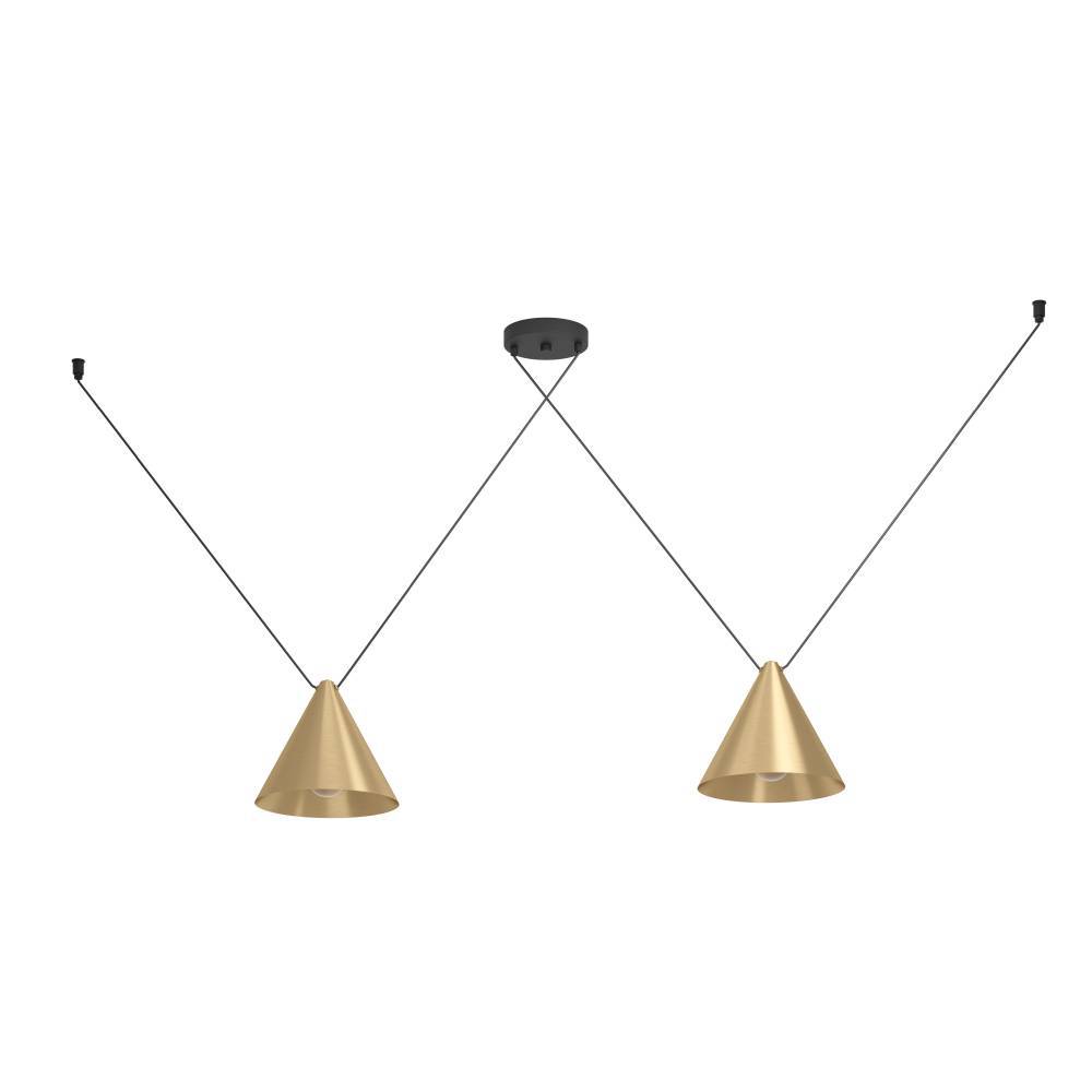 Narices 173cm Or suspension De Eglo - Dotée de deux abat-jour coniques dorés saisissants élégamment suspendus à une suspension noire, cette lampe crée une atmosphère chaleureuse et accueillante.