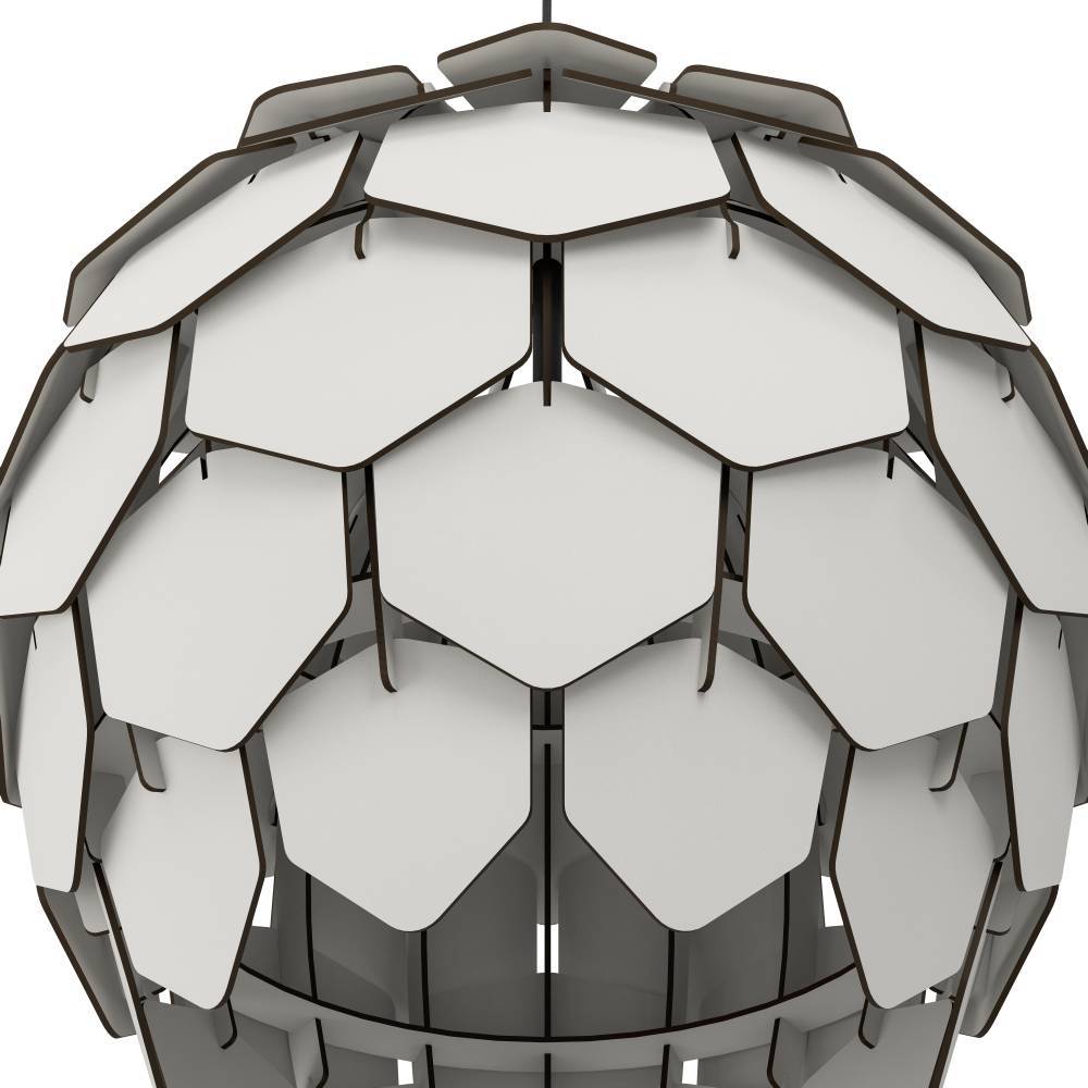 Mattanza Ø50 Gris suspension De Eglo - La forme sphérique et les panneaux superposés créent un jeu d'ombres ludique lorsque la lampe est allumée, donnant à la pièce profondeur et dimension.