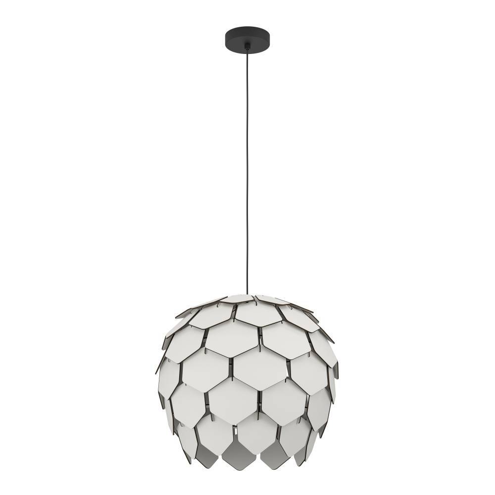 Mattanza Ø50 Gris suspension De Eglo - La forme sphérique et les panneaux superposés créent un jeu d'ombres ludique lorsque la lampe est allumée, donnant à la pièce profondeur et dimension.