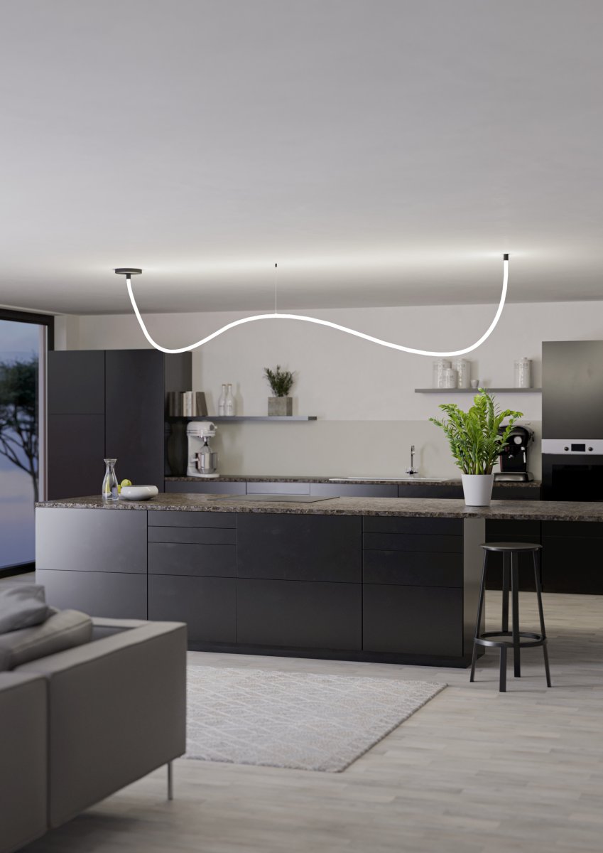Glow 300cm Noir suspension De Eglo - Un support de plafond, un kit de suspension, un kit de fixation murale ou au plafond et les accessoires sont fournis.
