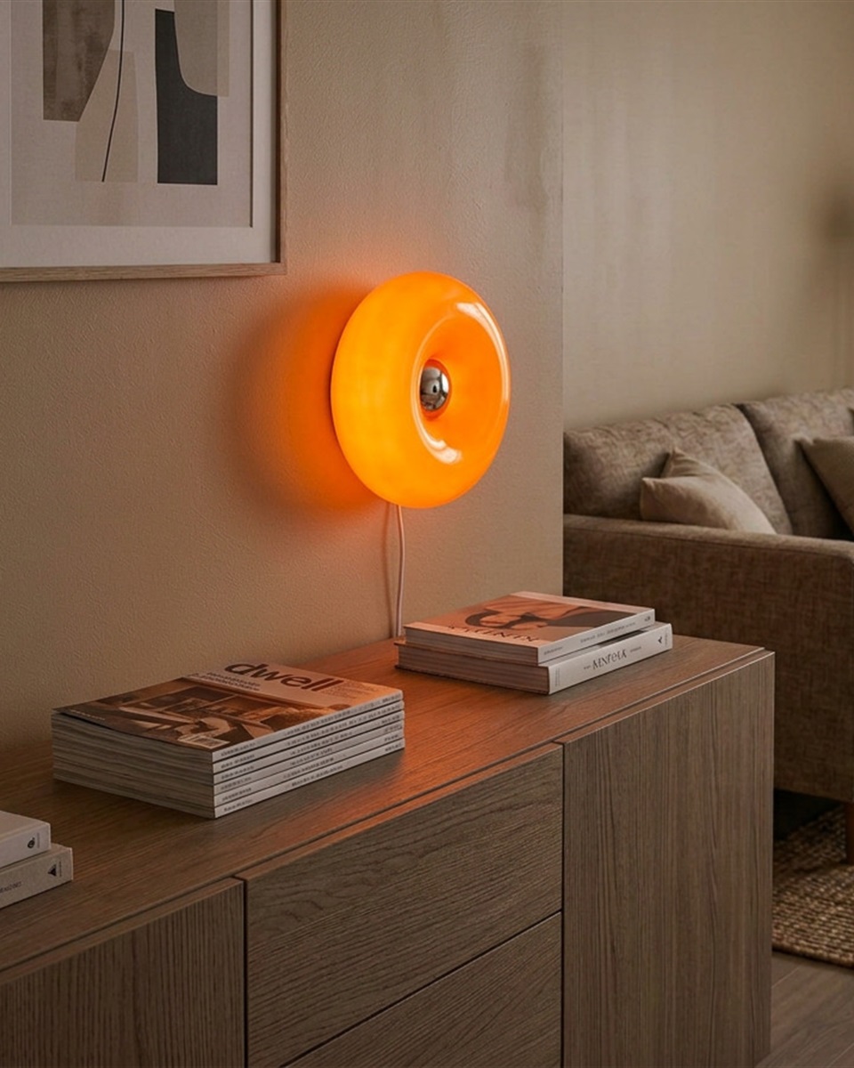 Basile 10cm Orange lampe de table De Eglo - Basile est une lampe d&eacute;corative en verre orange orn&eacute;e de d&eacute;tails argent&eacute;s et aux formes douces et arrondies.