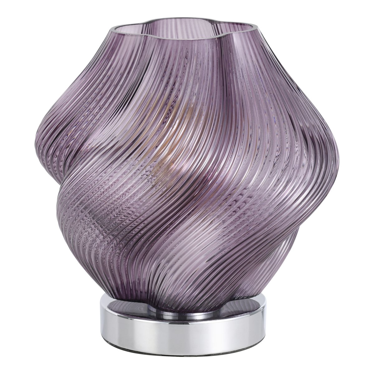 Vicenne 23cm Violet lampe de table De Eglo - Le verre côtelé et sa forme incurvée créent un motif saisissant, conférant à la lampe une allure unique, qu'elle soit allumée ou éteinte.