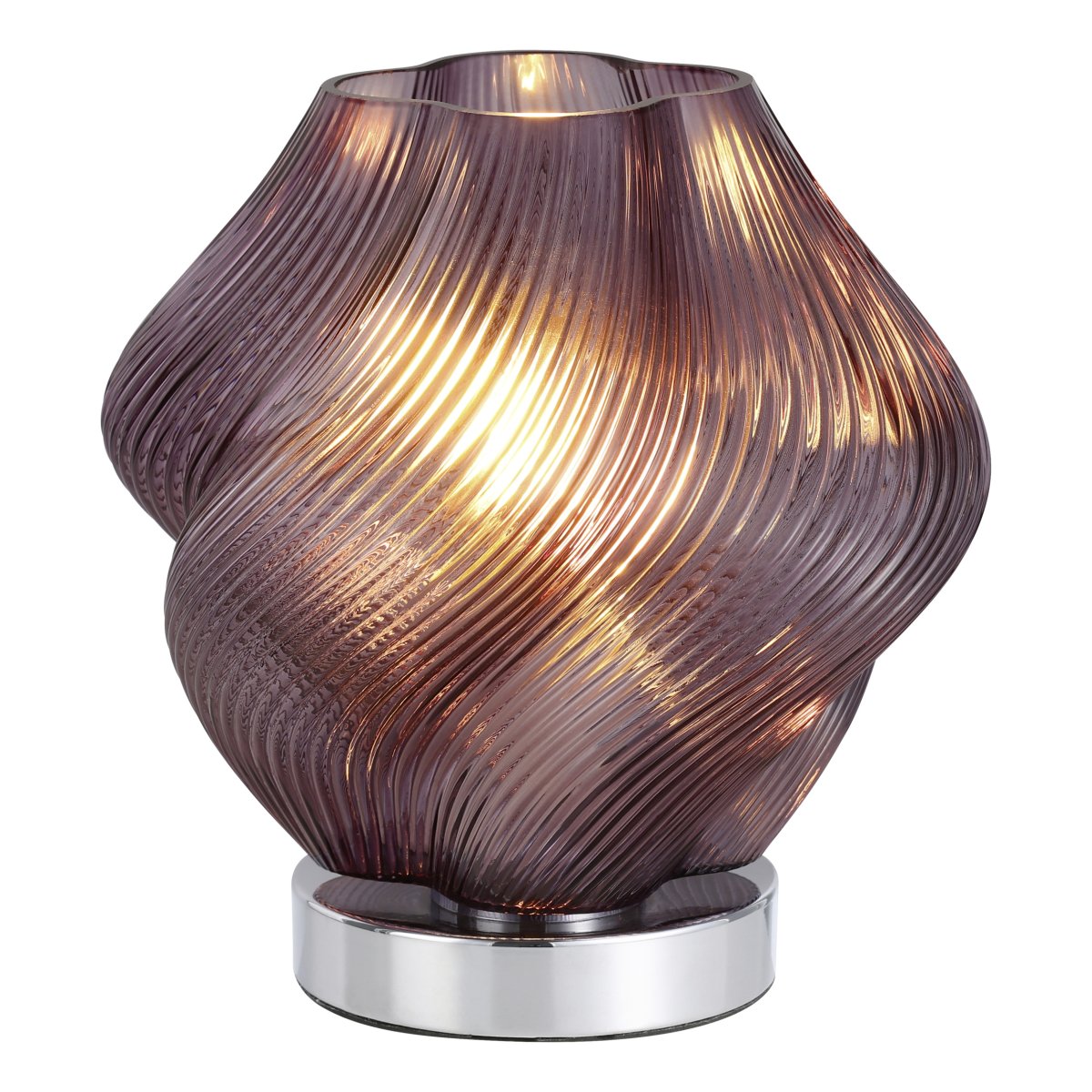 Vicenne 23cm Violet lampe de table De Eglo - Le verre côtelé et sa forme incurvée créent un motif saisissant, conférant à la lampe une allure unique, qu'elle soit allumée ou éteinte.