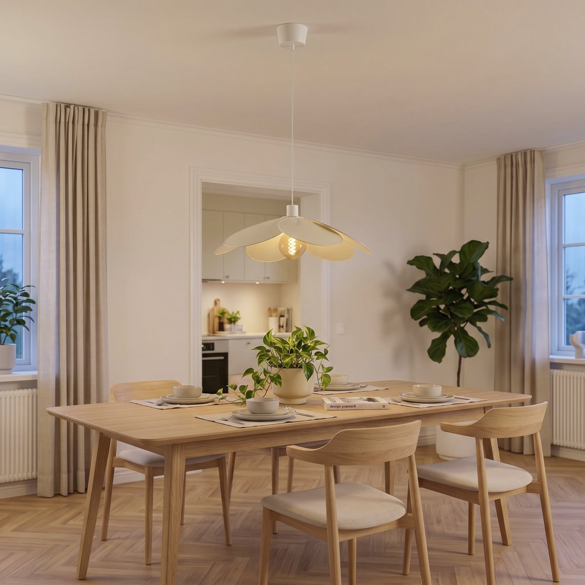 Binacua Ø60 Beige suspension De Eglo - Le tissu confère à la lampe une ambiance douce et accueillante, tandis que la forme florale apporte une touche ludique à la pièce.