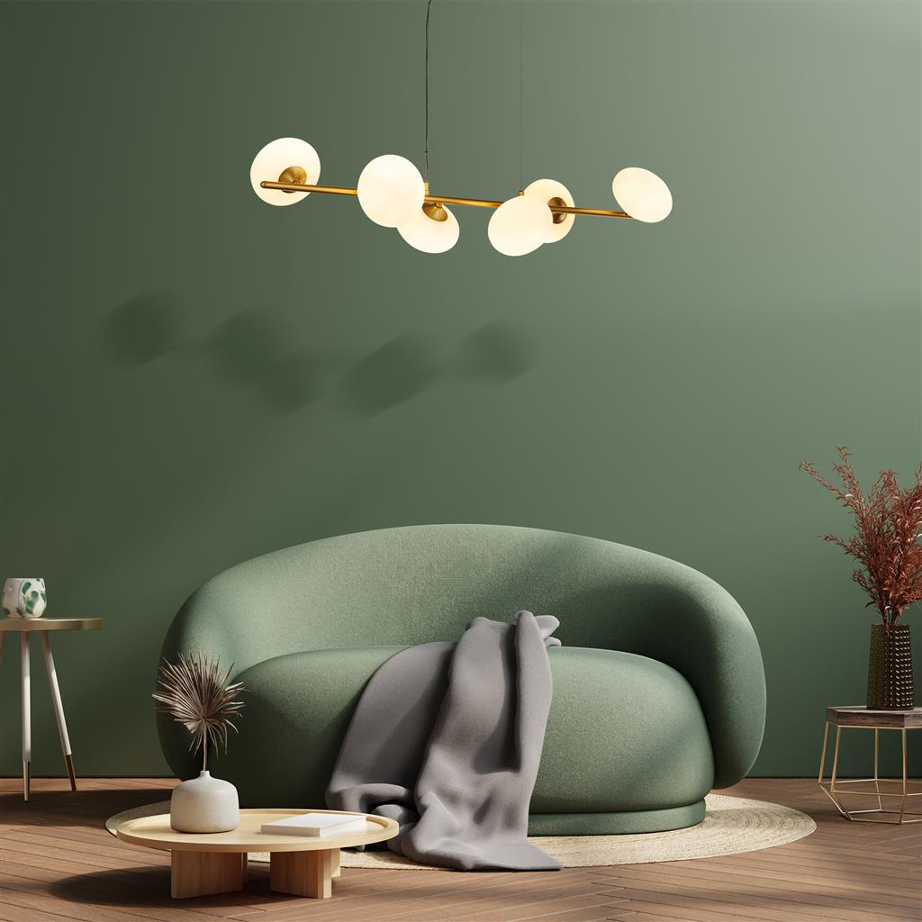 Pebble 100cm Or suspension De Searchlight - Les formes douces et le verre diffusent une lumi&egrave;re agr&eacute;able dans toutes les directions, faisant de Pebble le choix parfait pour les espaces de vie et de salle &agrave; manger.