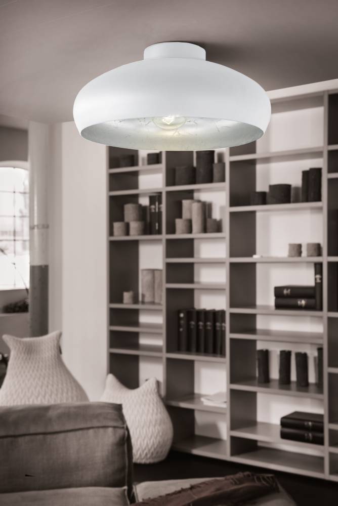Mogano Ø40 Blanc plafonnier De Eglo - Avec sa forme légèrement arrondie au look blanc et chrome, il crée une atmosphère chaleureuse et cosy, parfaite pour le salon, la chambre ou le couloir.