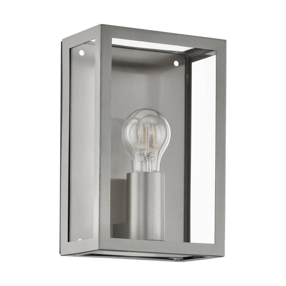 Alamonte Acier inoxydable lampe d’extérieur De Eglo - Le cadre métallique ouvert en acier brossé transmet une sensation industrielle et met en valeur l'ampoule visible, créant une expression élégante.