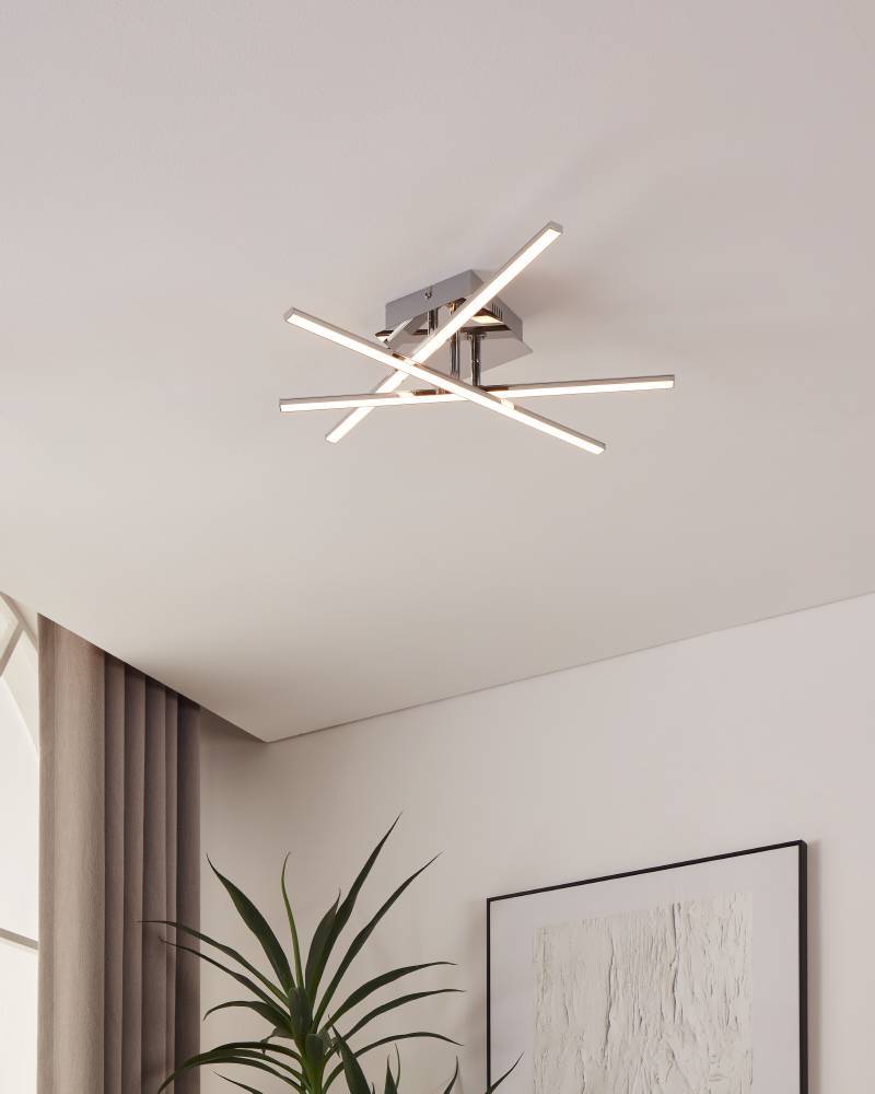 Lasana 50cm Chrome plafonnier De Eglo - Son style minimaliste et géométrique en fait le choix parfait pour les intérieurs contemporains ou modernes et il fournit une lumière claire et diffuse qui remplit la pièce.