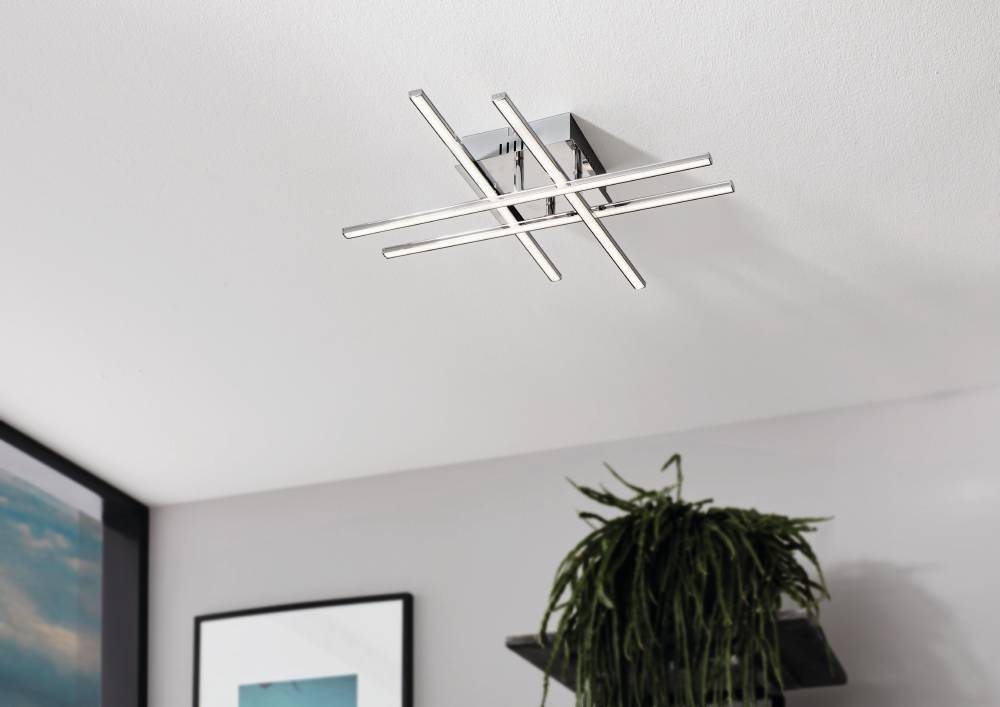 Lasana 50cm Chrome plafonnier De Eglo - Son style minimaliste et géométrique en fait le choix parfait pour les intérieurs contemporains ou modernes et il fournit une lumière claire et diffuse qui remplit la pièce.