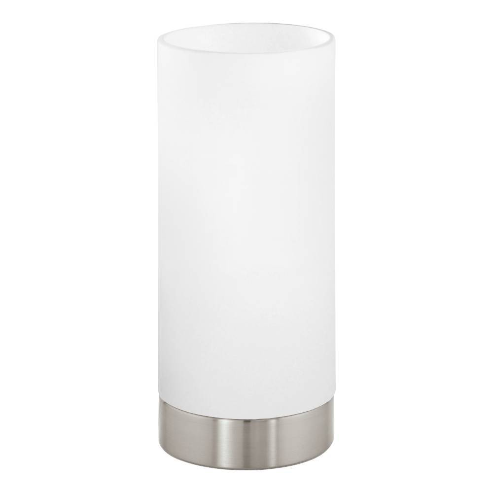 Damasco 22cm Nickel mat lampe de table De Eglo - Cette lampe de table minimaliste avec verre d&eacute;poli et base en acier bross&eacute; offre une lumi&egrave;re douce et agr&eacute;able qui cr&eacute;e une atmosph&egrave;re calme et harmonieuse.