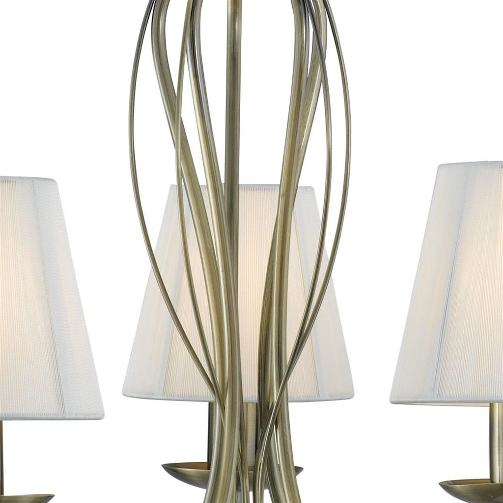 Andretti Ø50 Laiton antique suspension De Searchlight - Les cinq abat-jour en tissu blanc côtelé diffusent une lumière douce et homogène, créant un jeu d'ombres et de lumières des plus agréables.