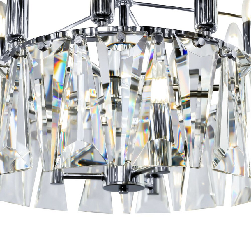 Puntes Ø68 Chrome cristal De Maytoni - Puntes est un &eacute;l&eacute;gant lustre de plafond en m&eacute;tal chrom&eacute; avec des prismes &eacute;tincelants qui entourent les sources lumineuses et cr&eacute;ent un jeu de lumi&egrave;re magique lorsque la lampe est allum&eacute;e.
